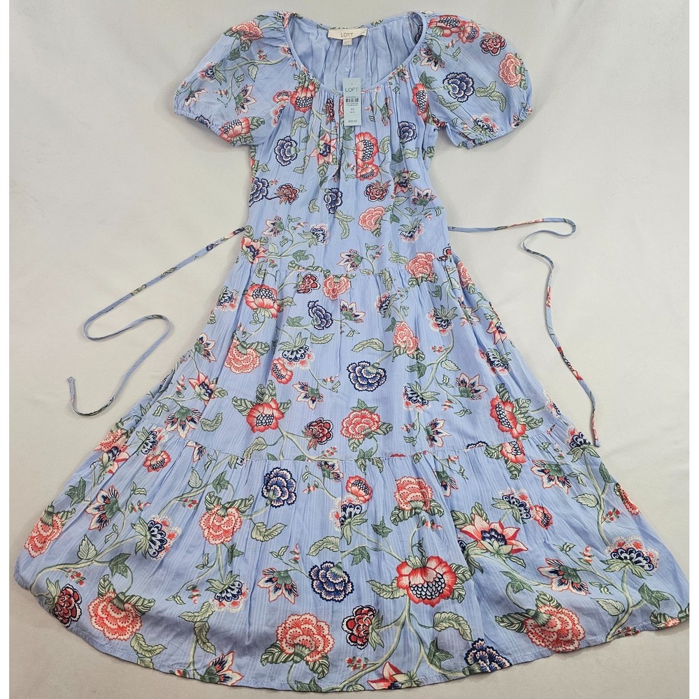 LOFT Blue Floral Rayon Tiered A-Line Dress XS Petite Short Sleeve Belted NEW